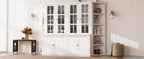 roomfitters 75.25'' Pantry Cabinets with Triangle Bookshelves, Retro Wall Storage Unit with Glass Doors for Living Room, White