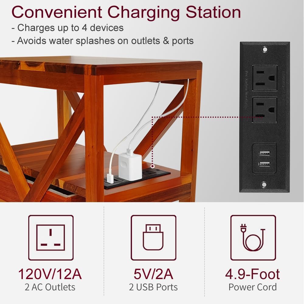 Fully Assembled Narrow Side Table with Charging Station, No Assembly Narrow N...