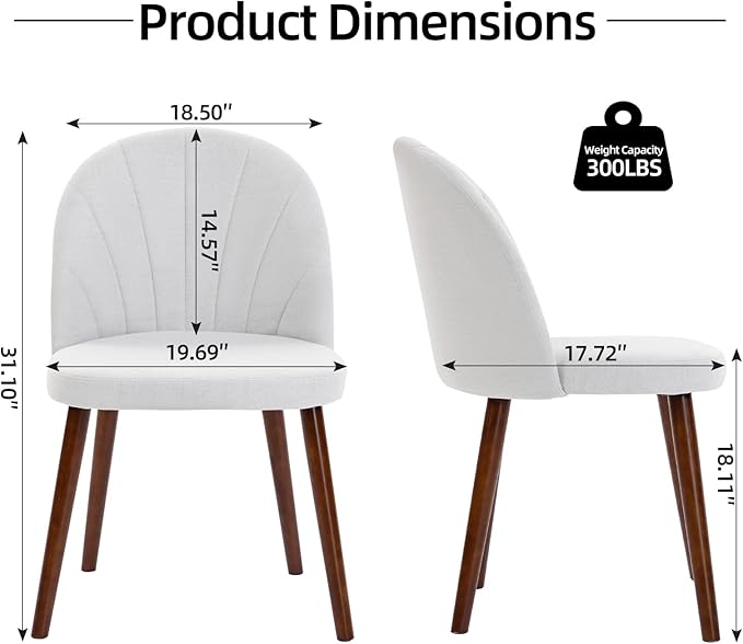 Fabric Dining Chairs Set of 4, Upholstered Mid Century Modern Dining Chairs, Armless Accent Chair with Walnut Wood Legs for Kitchen, Living Room, Dining Room, White