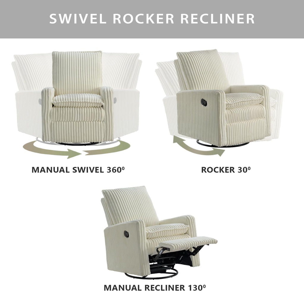 Oxford Baby Uptown Upholstered Glider Recliner Rocking Chair 360° Swivel for Nursery and Living Room - Corduroy, Pearl White