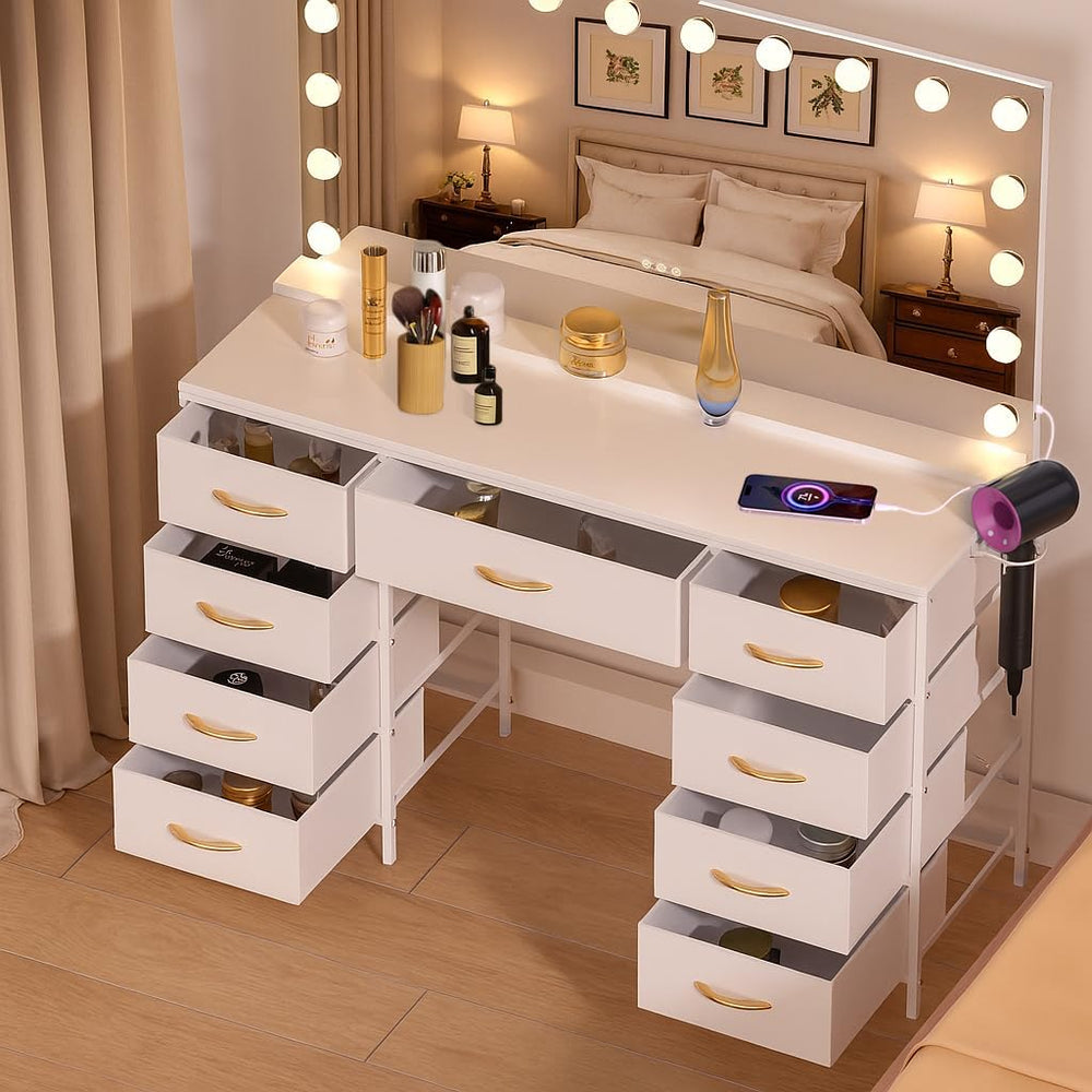 COMHOMA Vanity Desk with Large Mirror,15 LED Bulbs and Power Outlet,Makeup Ta...
