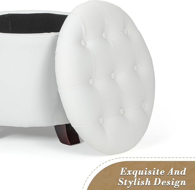 Athena Collection 20 Inch Small Ottoman with Storage, Round PU Leather Storage Ottoman with Removable Lid, Stylish Footstool Foot Rest for Living Room, Bedroom, Dorm, White