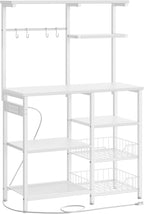 HOOBRO Large Bakers Rack with Power Outlets, 6-Tier Microwave Stand with 4 Hooks, Coffee Bar, Kitchen Shelf with Wire Basket, for Kitchen, Living Room, Office, White WW64UHB01