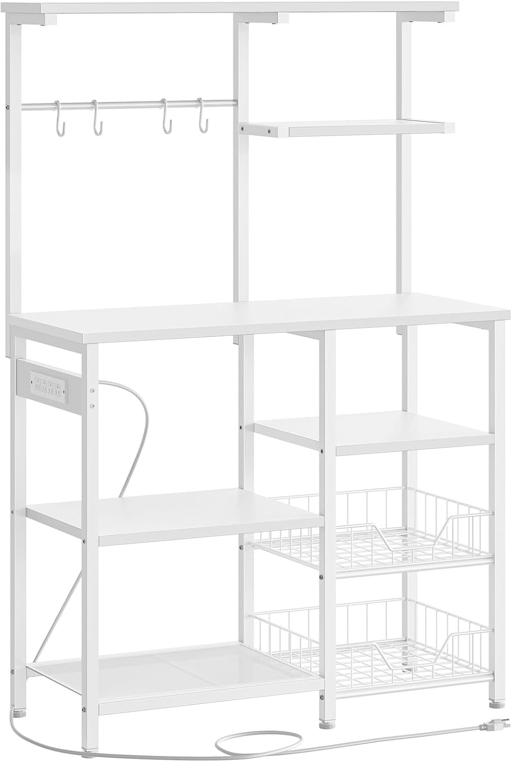 HOOBRO Large Bakers Rack with Power Outlets, 6-Tier Microwave Stand with 4 Hooks, Coffee Bar, Kitchen Shelf with Wire Basket, for Kitchen, Living Room, Office, White WW64UHB01