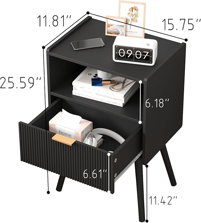 Black Nightstand,Modern Bedside Table with Storage Drawer and Open Wood Shelf...