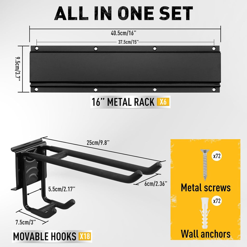 ELEAD 18-Pairs Heavy Duty Garage Tool Organizer Wall Mount Hooks, 96 Inches 1460 lbs Garden Tool Organizer with Adjustable Hooks for Garden, Yard, and Shed