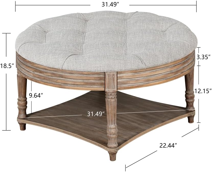 Large Round WaterProof Ottoman Coffee Table 2 Tier Oversized Button Tufted Ottoman with Wooden Shelf Storage Farmhouse Upholstered Coffee Table Living Room Footstool Ottoman Linen(Light Gray)