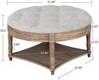 Large Round WaterProof Ottoman Coffee Table 2 Tier Oversized Button Tufted Ottoman with Wooden Shelf Storage Farmhouse Upholstered Coffee Table Living Room Footstool Ottoman Linen(Light Gray)