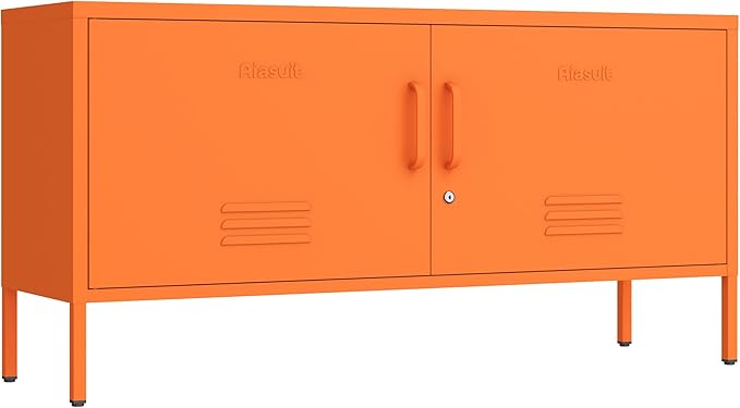 Orange Lockable Metal TV Stand Entertainment Center, Heavy Duty Storage Cabinet Supports 80+ Inch TVs, Multifunctional Media Console for Home Living Room Office 22" H X 35.4" W X 13.8" D