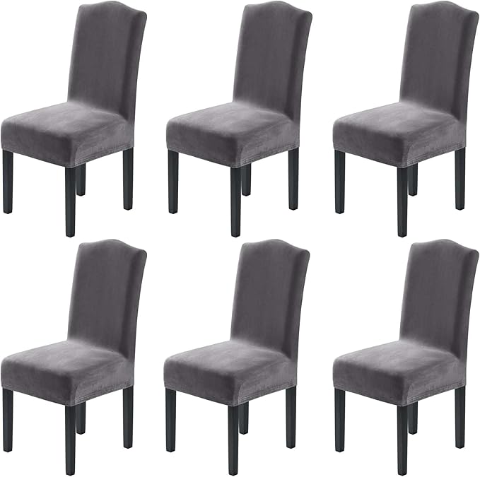 H.VERSAILTEX Velvet Dining Chair Covers Stretch Chair Covers for Dining Room Set of 6 Parson Chair Slipcovers Chair Protectors Covers Dining, Soft Thick Solid Velvet Fabric Washable, Grey
