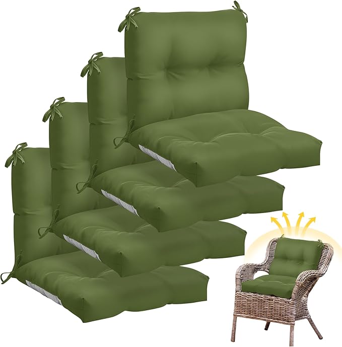 Geetery Outdoor Chair Cushions Set of 4 for Patio Lawn Furniture Wicker Rocking Dining Chairs 42x21x4 Inch High Back Seat Pads Replacement with Ties Weather-resistant Fade-resistant Indoor(Moss Green)