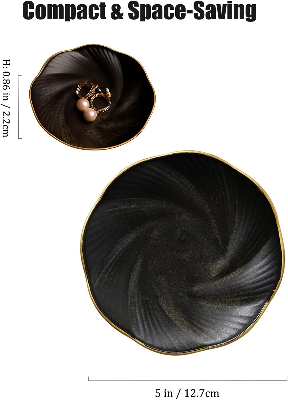 Black Ceramic Jewelry Tray with Gold Edge, 5 Inch Modern Trinket Dish for Rings & Earrings, Minimal Vanity Organizer