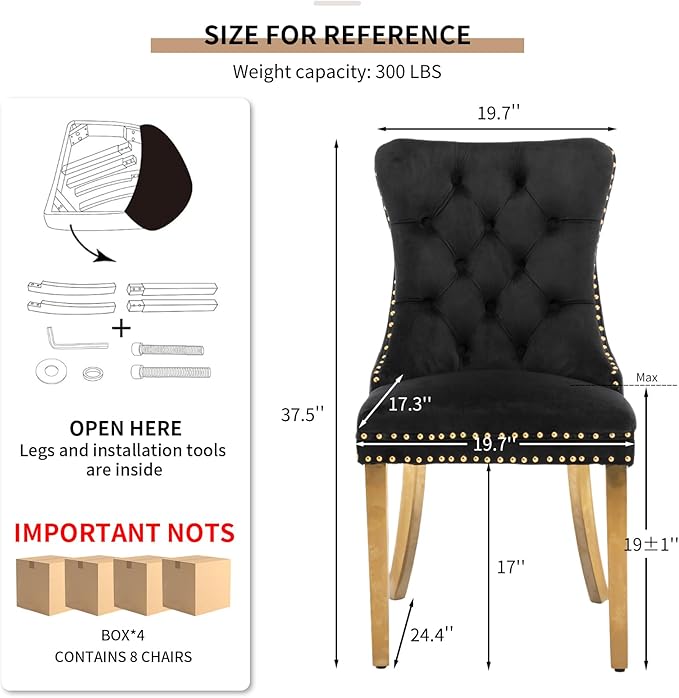 Mid Century Modern Dining Chairs Set of 8, Velvet Upholstered Tufted Back, Black Kitchen & Dining Room Chairs, Gold Metal Legs, Nailhead Trim, Sillas para Comedor (Black, 8 Pcs)