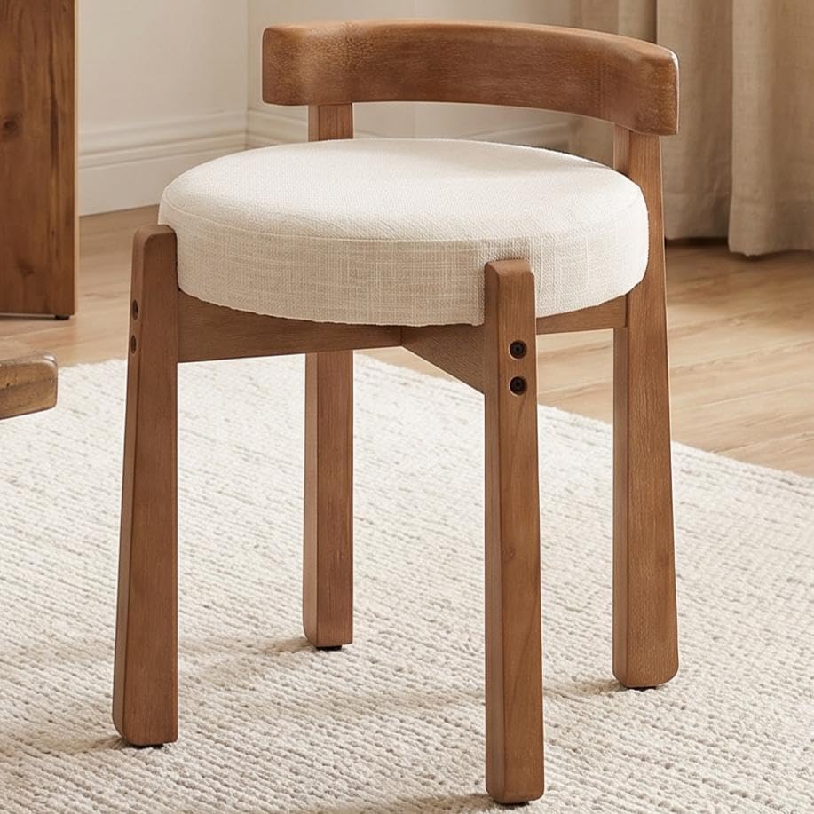 HNY Modern Linen Ottoman- Low-Back Makeup Seat & Lounge Footrest with Sol...
