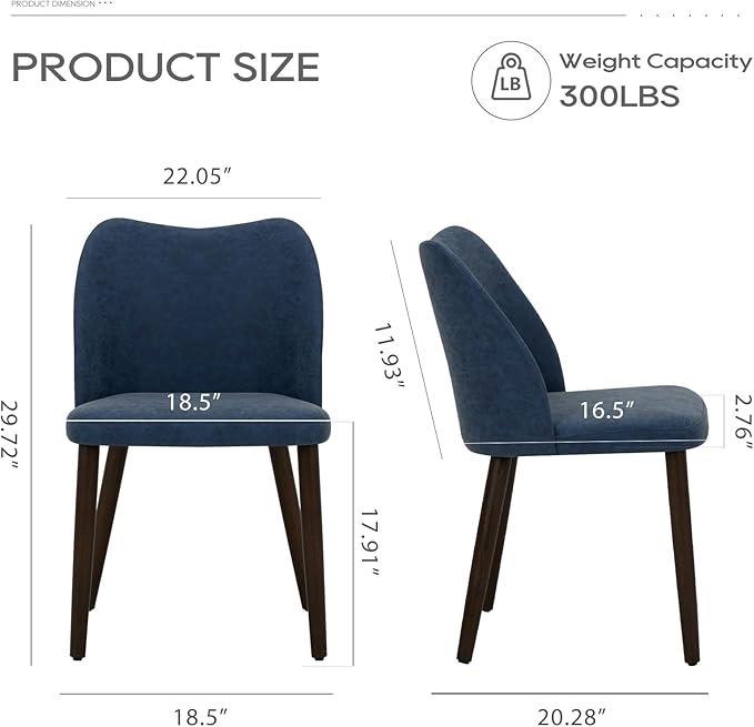 COLAMY Upholstered Dining Chairs Set of 2, Modern PU Leather Dining Room Kitchen Side Chair with Padded Seat and Wood Legs Restaurant/Cafe, Blue