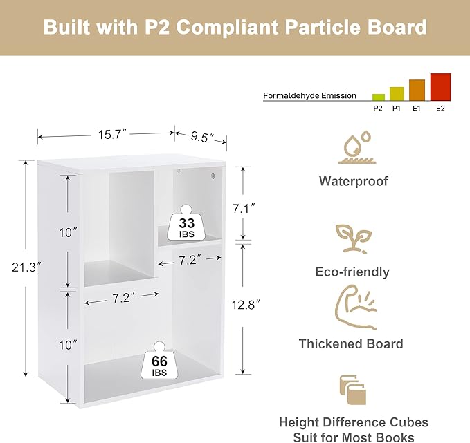 VECELO 3-Cube Small Bookshelf, Modern Bookcases with Shelves Height Up to 12.8 Inches, Suit for Common Size Textbook, Vertical or Horizontal, Cubby Storage Organizer,Pearl White