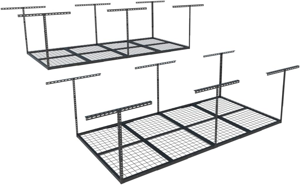 FLEXIMOUNTS 4x8 Overhead Garage Storage Rack, Adjustable Organization System, Heavy-Duty Metal Ceiling Racks, 2 pack, Black, Classic Series