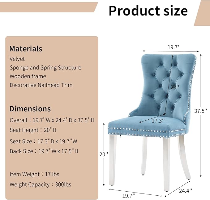 Luxury Upholstered Dining Chairs Set of 4, Light Blue Kitchen Chair with Silver Metal Legs, Velvet Tufted Back Dining Chair, Sillas de Comedor, Modern Kitchen & Dining Room Chairs (Light Blue, 4 Pcs)