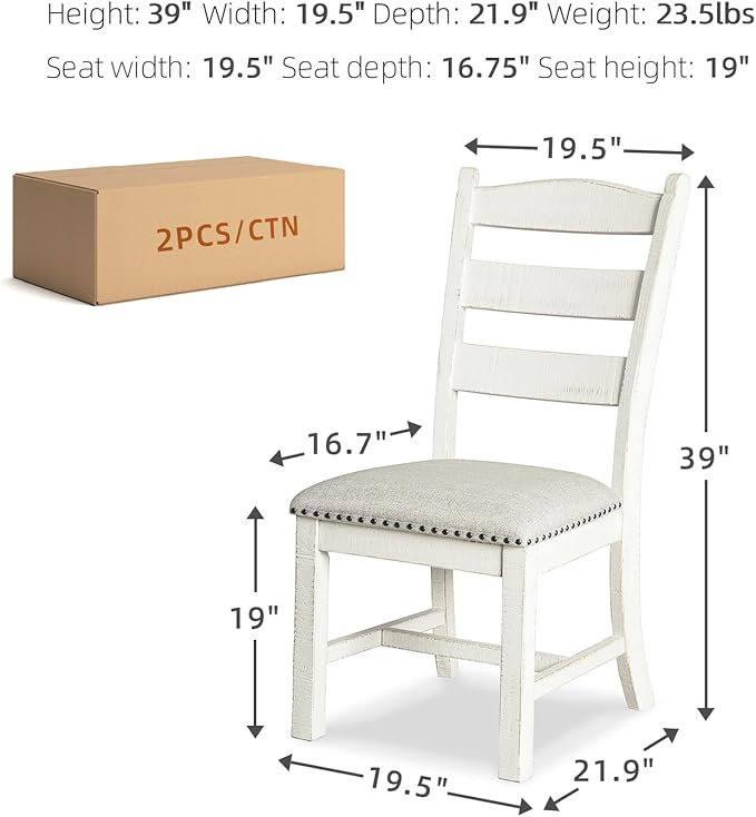 Signature Design by Ashley Valebeck Farmhouse Cushioned Dining Chair, 2 Count, Nailhead Trim, Fabric Upholstery, Solid Wood, 39" Seat Height, Whitewash