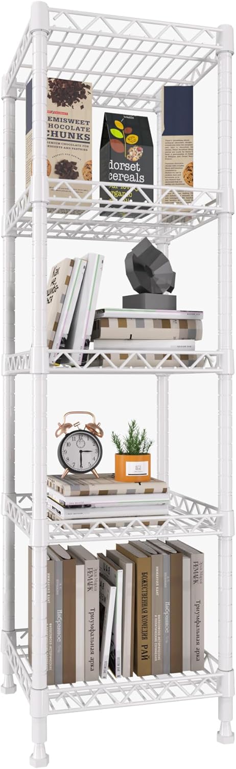 GIOTORENT 5 Tier Standing Shelving Metal Units, Adjustable Height Wire Shelf Display Rack for Laundry Bathroom Kitchen 11.8 W x 11.8 D x 50 H (5-Tier, White)
