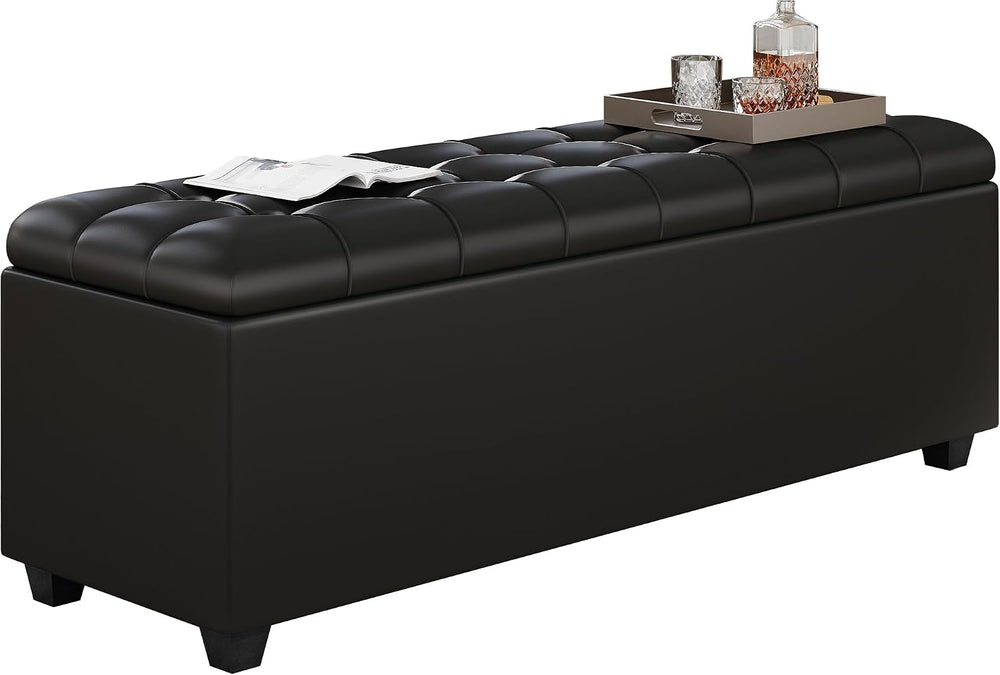 38-inch Black Faux Leather Storage Ottoman Bench with Seat & Footrest Fun...
