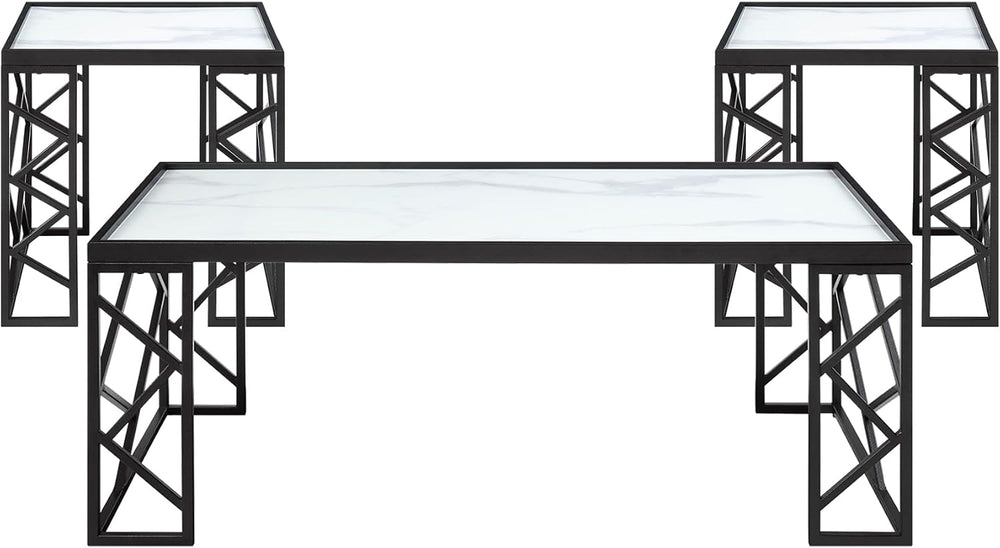 3pc Tables Set with Tempered Glass Top and Black Metal Frame | Includes 3-pie...