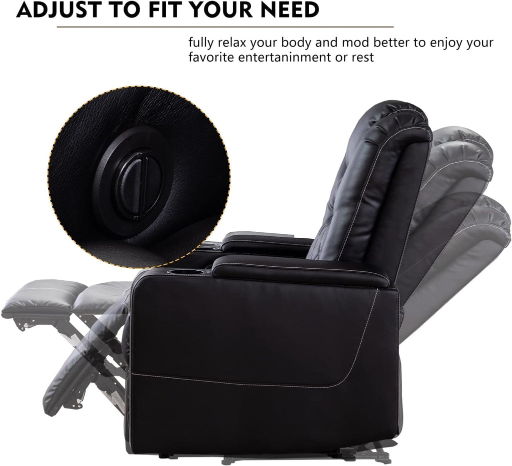 CANMOV Electric Power Recliner Chair with USB Ports and Cup Holders, Breathable Leather Home Theater Seating with Hidden Arm Storage (Black)