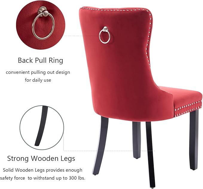 Velvet Dining Chairs Set of 2, Upholstered Dining Room Chairs with Back Ring Pull Trim and Solid Wood Legs,Tufted Wingback Kitchen Chairs for Dining Room,Kitchen(Wine Red)