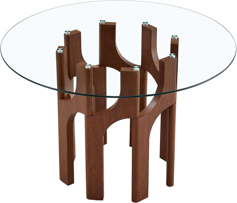 Round Dining Table,46 Inch Glass Kitchen Dining Room Table with Wooden Walnut...