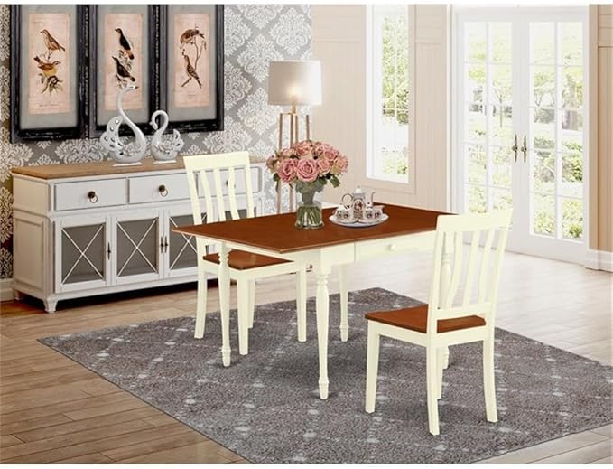 East West Furniture MZAN3-WHI-W 3 Piece Kitchen Table & Chairs Set Contains a Rectangle Dining Table with Dropleaf and 2 Dining Room Chairs, 36x54 Inch, Buttermilk & Cherry