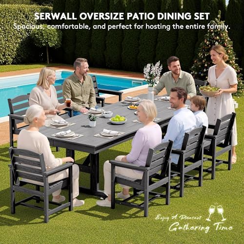 SERWALL 9Pcs 84" HDPE Outdoor Dining Set for 8 with Armchairs,Gray