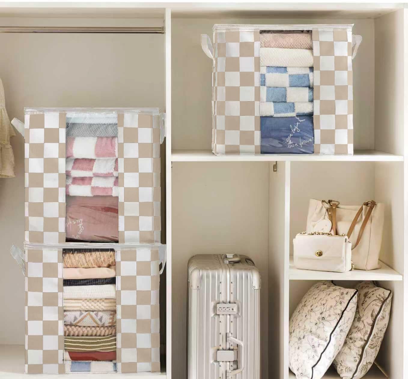 Beige Checkered Clothes Storage Bins, 100L Large Blanket Storage Bags 3 Pack, Closet Organizers and Storage Containers for Comforters, Bedding, Foldable Organizer with Handle
