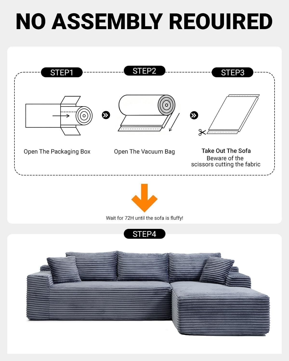 Cloud Sectional Couch, 108 Inch Modern Modular Sectional Sofa with Deep Seat, Corduroy Boneless Couches with L-Shape Right Chaise for Living Room Bedroom, No Assembly Required(Grey)