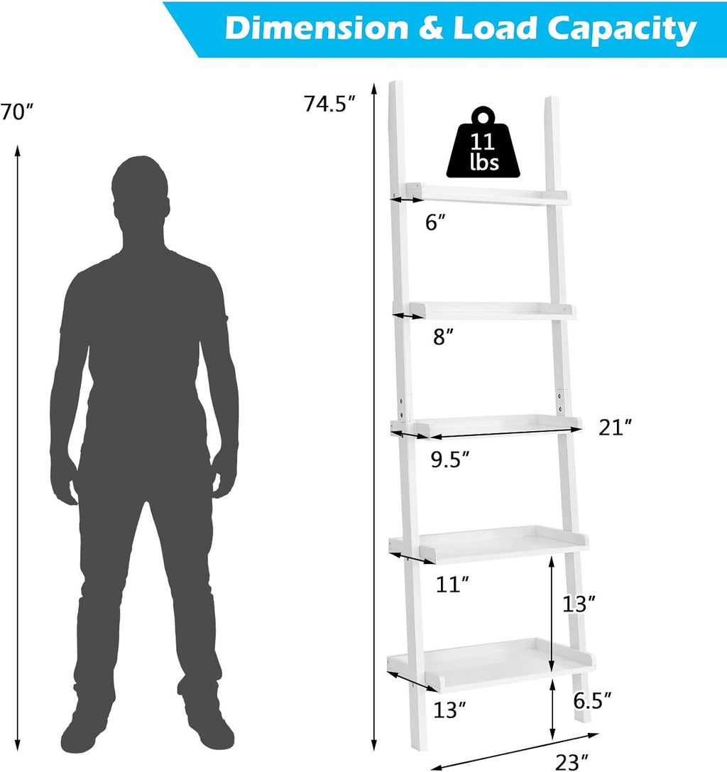 Tangkula 5-Tier Ladder Shelf, Wall-Leaning Bookshelf w/Open Shelves, Plant Flower Stand, Storage Display Organizer Rack, Multifunctional Bookcase for Living Room Home Office (White)