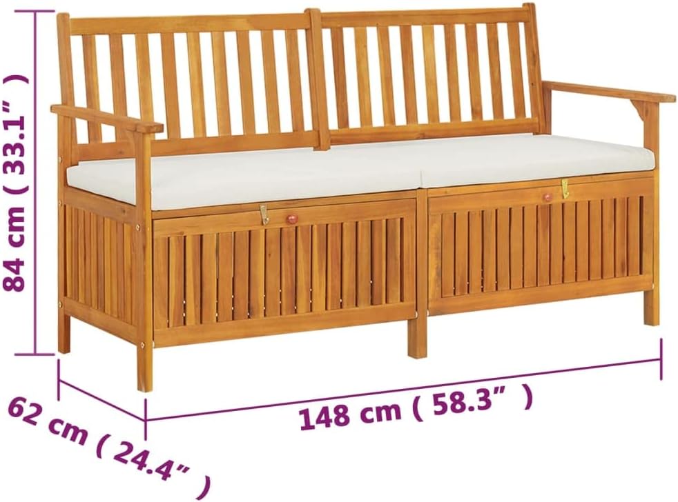 Storage Bench with Cushion 58.3 Inch Solid Acacia Wood Durable Patio Furnitur...