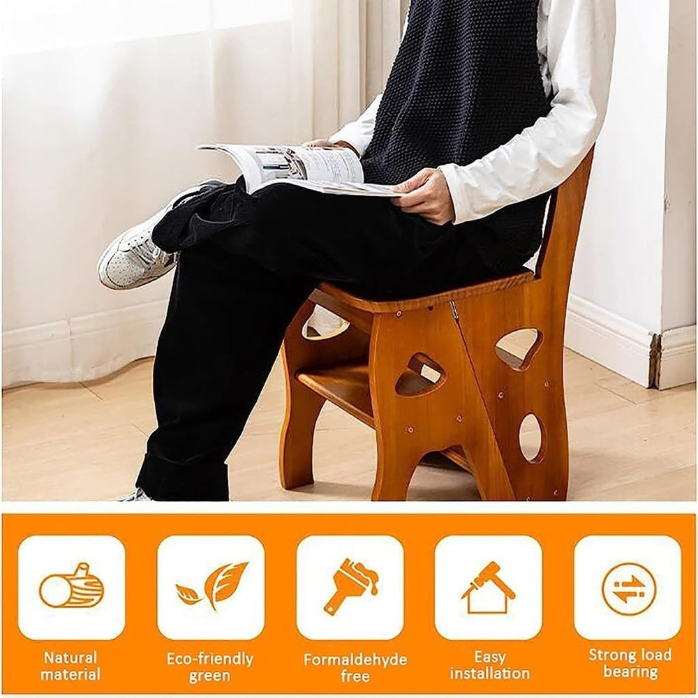 4 Step Wooden Folding Library Ladder Chair with Seat, Multifunctional Step St...