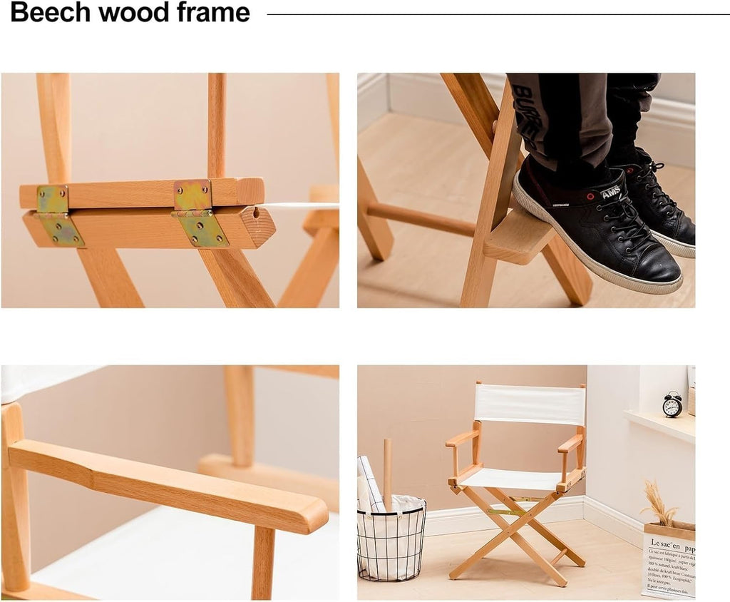 Tall Directors Chairs Foldable, Makeup Solid Wood Frame and Canvas Seat, Portable Footrest, Makeup(Black,85cm/33in)