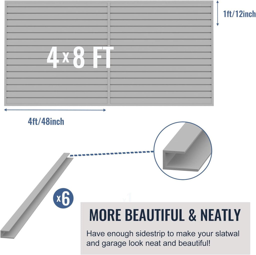 Slatwall Panel Garage Organizer PVC Slatwall Heavy Duty Wall Mounted Rack, Interlocking Slat Wall Panels for Tool Organization Peg Board(Grey 4 x 8 ft)