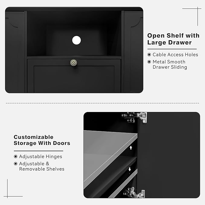 67” Mid-Century Modern TV Stand for 75+ inch TVs, Wood Entertainment Center with Storage Drawer, Long Media Console with Adjustable Shelves, Black TV Cabinet for Living Room, Bedroom