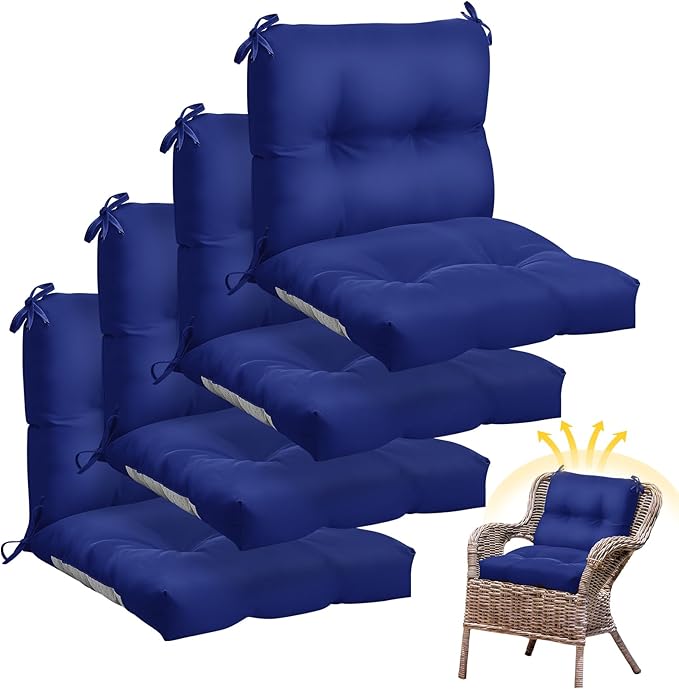 Geetery Outdoor Chair Cushions Set of 4 for Patio Lawn Furniture Wicker Rocking Dining Chairs 42x21x4 Inch High Back Seat Pads Replacement with Ties Weather-Resistant Fade-Resistant Indoor(Navy Blue)