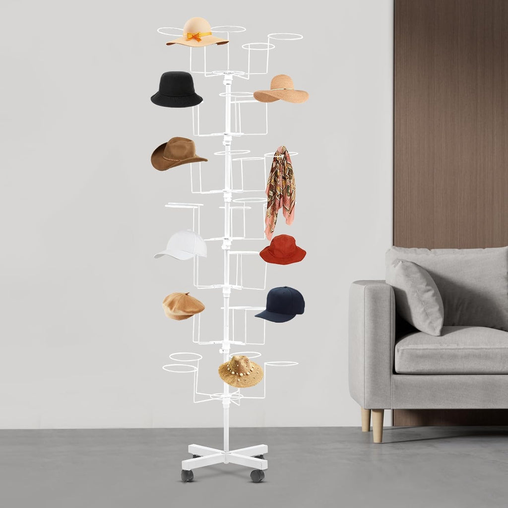 7-Tier Rotating Iron Hat Rack with Wheels & Brakes, Heavy Duty 35-Hat Organizer for Home/Store, Black Modern Free Standing Wig Display Stand, 11lbs Capacity (White)