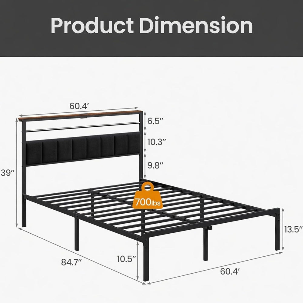 60.4"x84.7" Contemporary Queen Bed Frame, Upholstered Headboard, Bu...