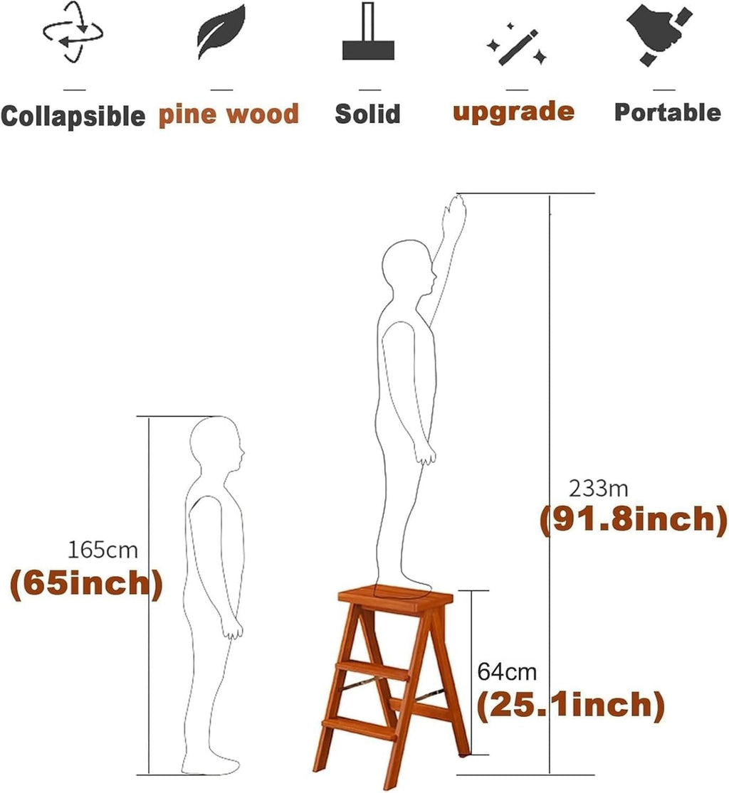 Portable Wooden Folding Library Ladder Chair Stool with Flower Shelf for Adults Lightweight Walnut Finish(White,Without pad)