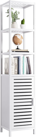HITNET Bathroom Tall Cabinet, Floor Standing Bamboo Storage Cabinet with 6 Shelves and Shutter Door for Kitchen Living Room, White