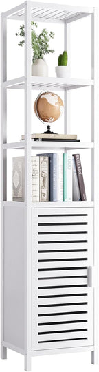 HITNET Bathroom Tall Cabinet, Floor Standing Bamboo Storage Cabinet with 6 Shelves and Shutter Door for Kitchen Living Room, White