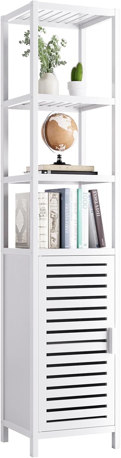 HITNET Bathroom Tall Cabinet, Floor Standing Bamboo Storage Cabinet with 6 Shelves and Shutter Door for Kitchen Living Room, White