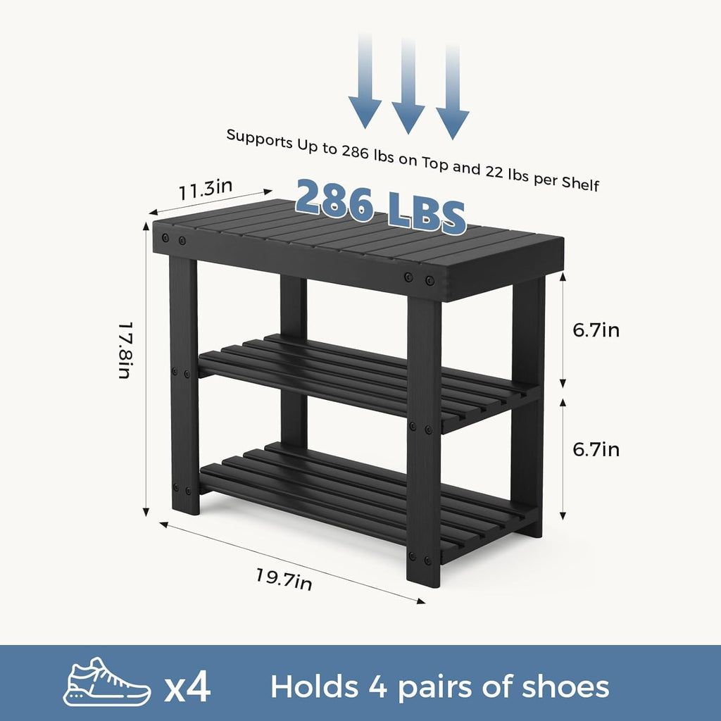 Simple Deluxe Shoe Rack Bench, 3-Tier Bamboo Storage Organizer, 286lb Capacity Entryway Bench for Front Door, Bedroom, Living Room, Bathroom, Balcony, Stylish Shoes Black (11.3 x 19.7 x 17.8 Inches)