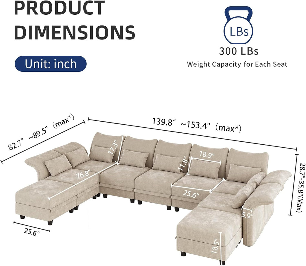 LLappuil 154" Modular Sectional Sofa with Storage 9 Seat Oversized Sectional Couches for Living Room with Adjustable Arms Backs, Convertible to L Shape/U Shape/Sleeper Sofa, Black Chenille