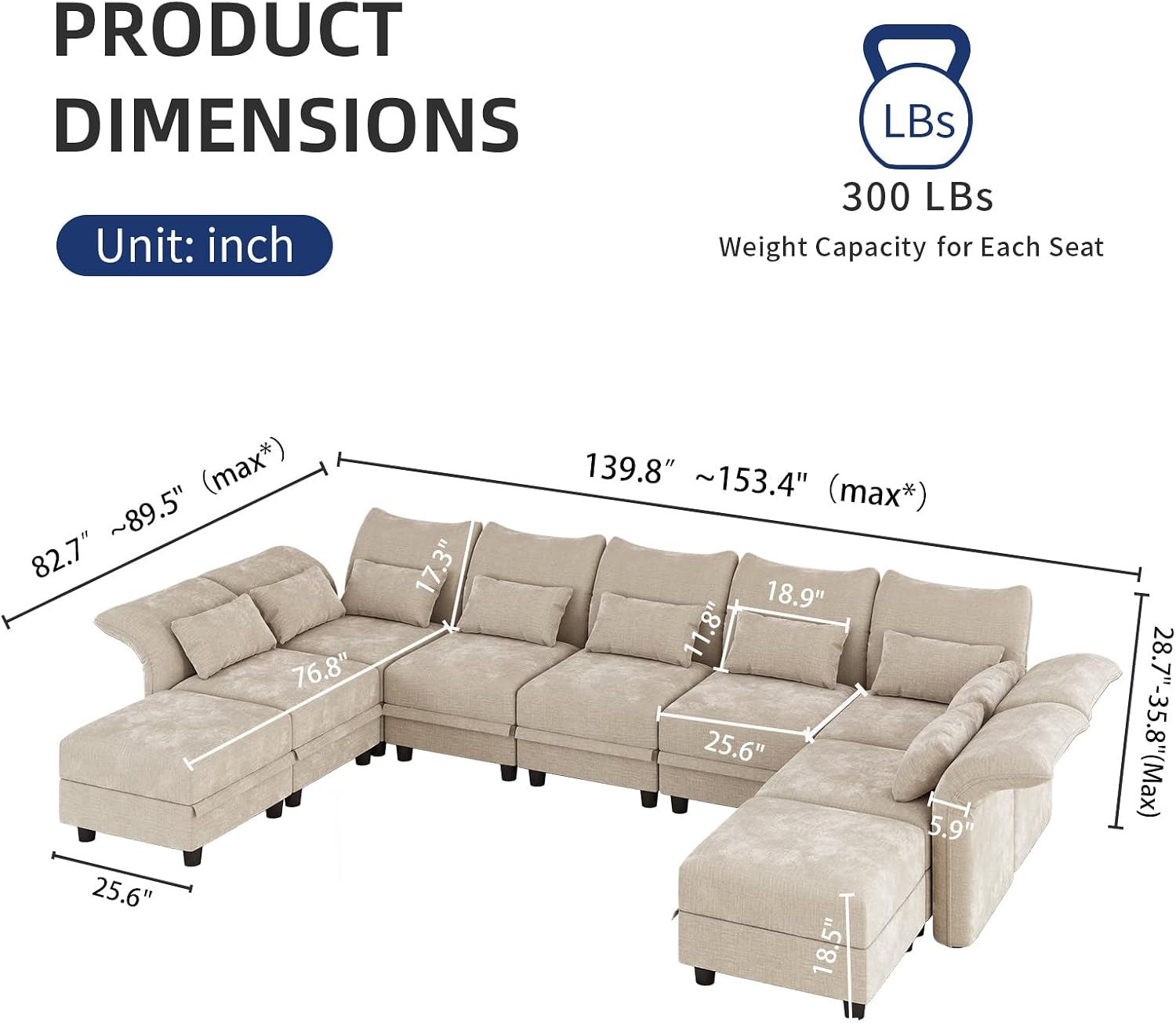 LLappuil 154" Modular Sectional Sofa with Storage 9 Seat Oversized Sectional Couches for Living Room with Adjustable Arms Backs, Convertible to L Shape/U Shape/Sleeper Sofa, Black Chenille