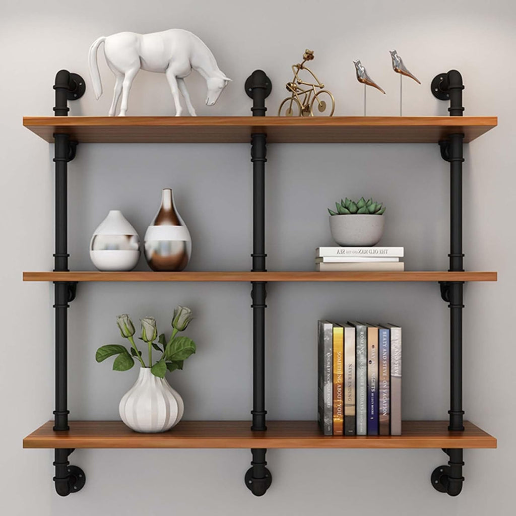 Industrial Pipe Wall Mounted Shelf with Large Storage 3 Tiers Plant Stand and Wooden Bookshelf Display Unit for Home Décor Ideal for Bedroom Living Room and Bathroom 120X25X10,100x25x65cm
